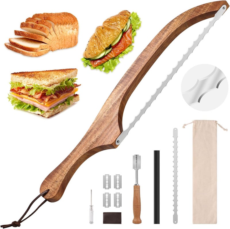 Mooues Bread Knife Set, Acacia Wood(15.7") - Double Serrated Bread Knife for Homemade Bagels, Baguettes and More - Sourdough Bread Slicer, Cuts Thin, Even Slices - Premium Stainless Steel - Image 1